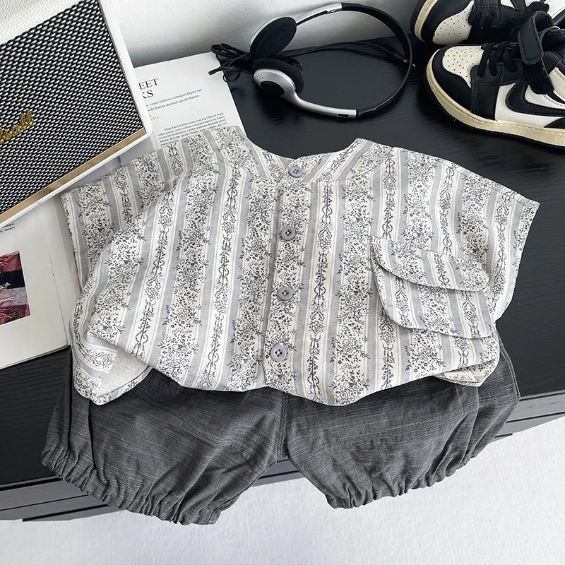 Toddler Boys Outfits 2026 Summer New Baby Boy Clothes Casual Trendy Vintage Floral Striped Shirt Elastic Waist Shorts 2PCS Set