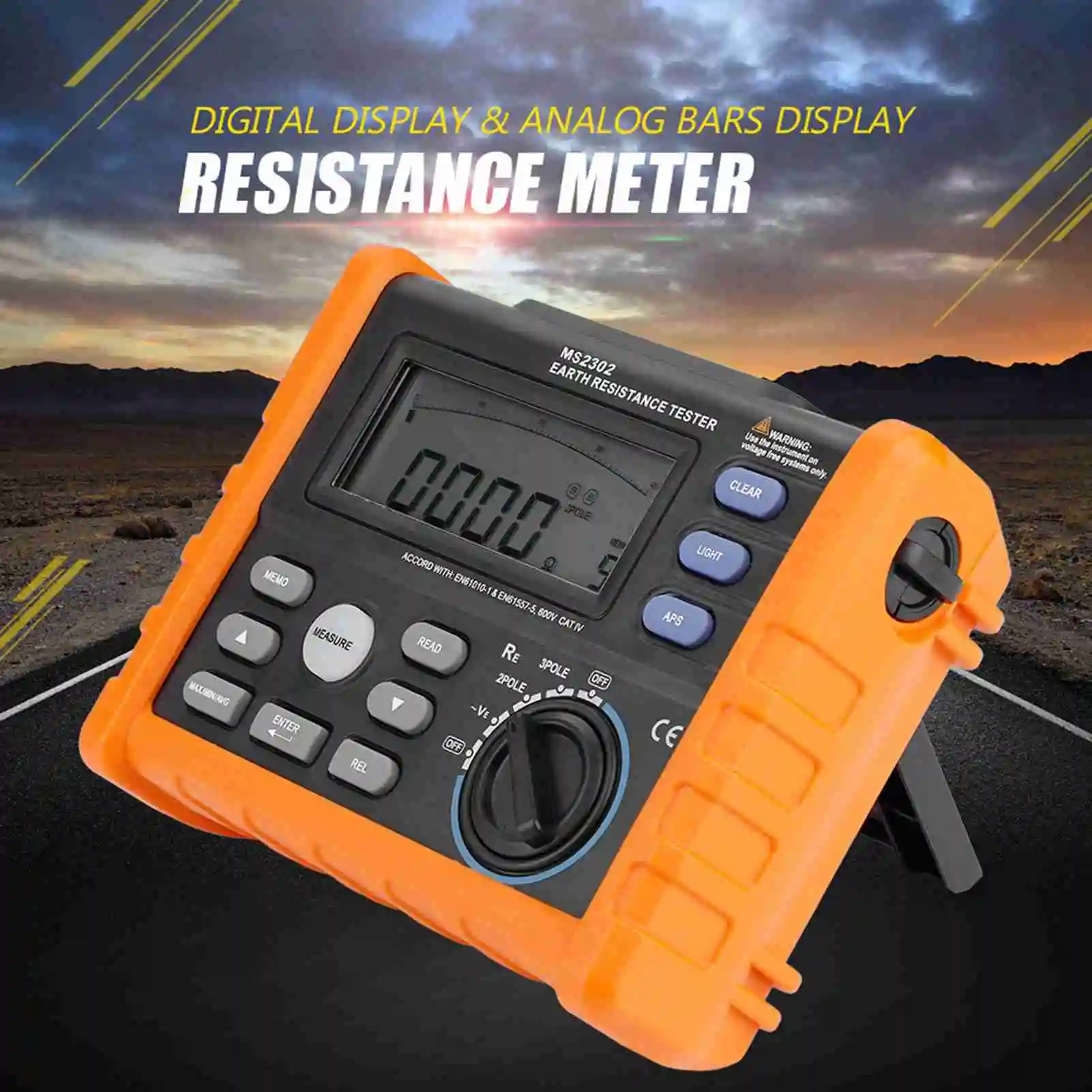 Resistance Tester PEAKMETER MS2302 Digital Earth Resistance Tester 0 ~4K Ohm 100 Groups Data Logging Earth Resistance Tester