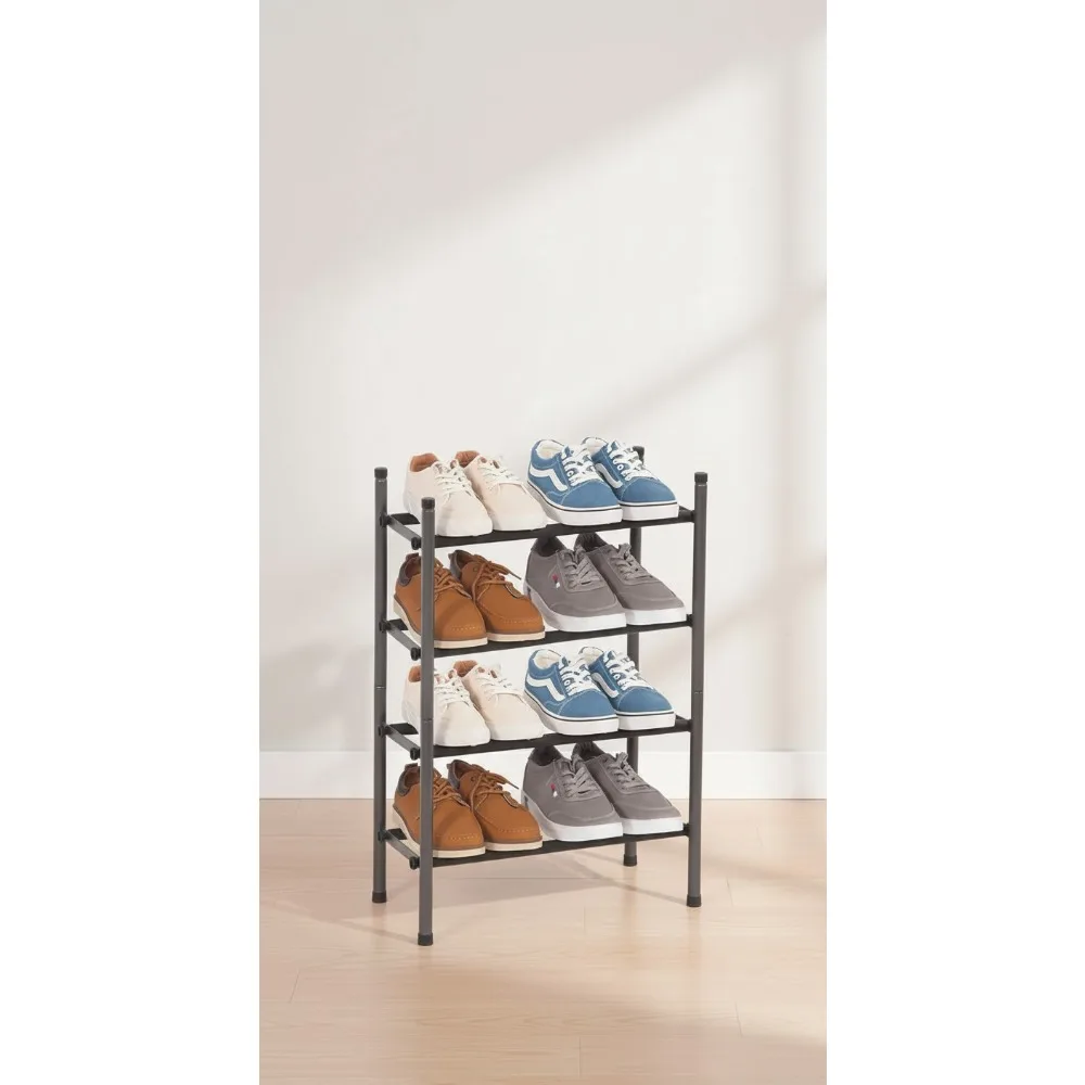 

Расширяемая полка для обуви, 16 пар, штабелируемый металлический регулируемый органайзер для обуви для шкафа, прихожей, прихожей, черный, 4-уровневый