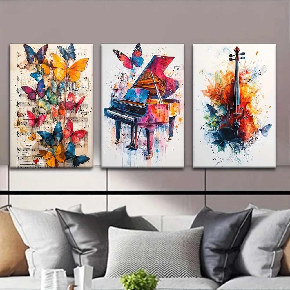 （NoFrame 3PCS）-2D 3pcs/Set, Canvas Painting--Unframed, Sheet Music, Piano, Violin, Artist Drawing Set, Living Room, Library,