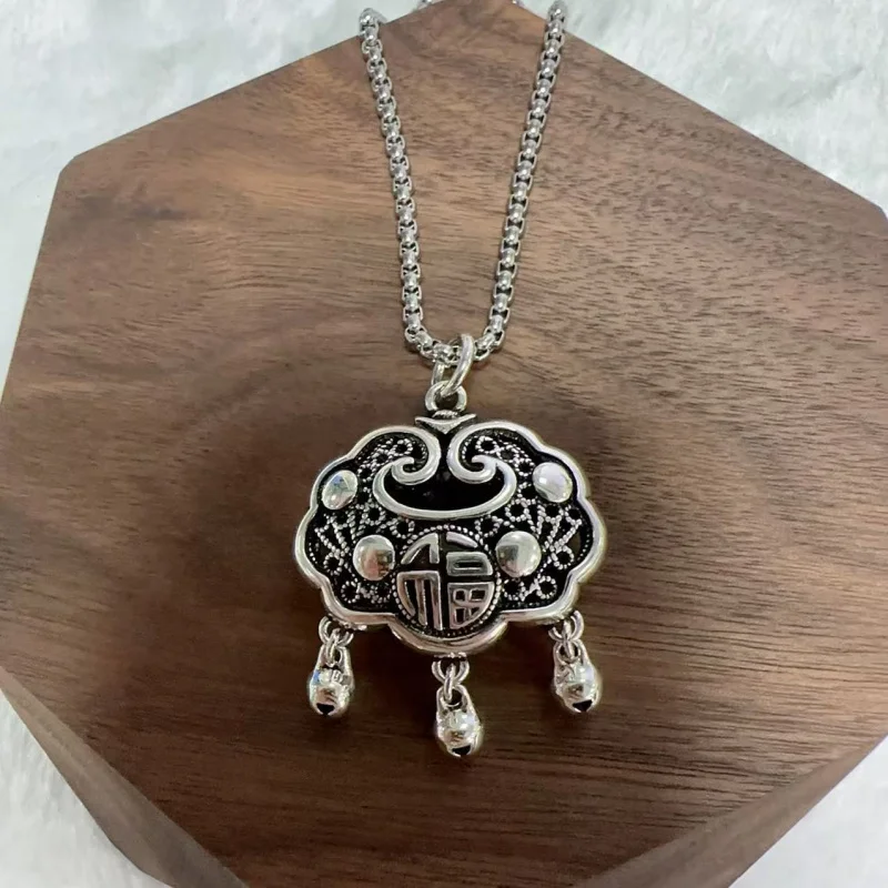 999 Sterling Silver Fu Longevity Lock Necklace Vintage  Solid Silver Pendant Baby Safety Lock Adult Locket