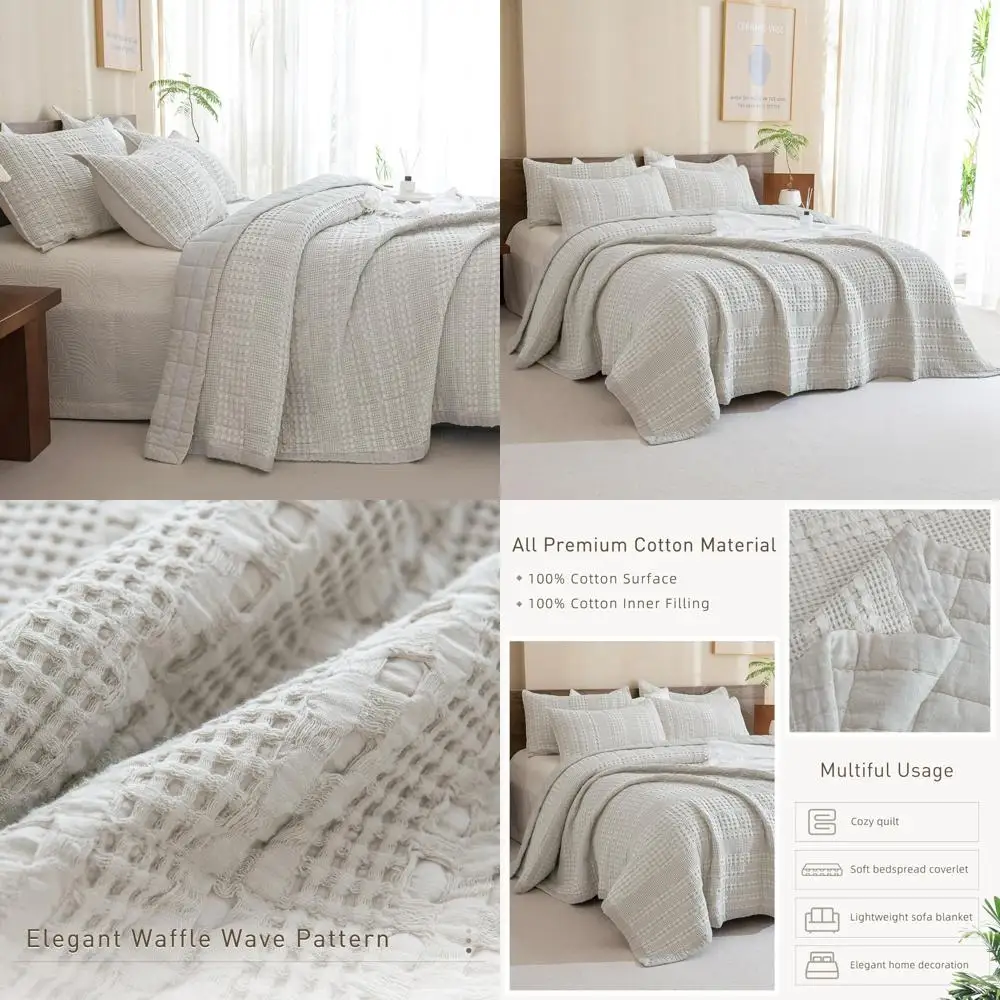 

CozyTide Oversized King Size Cotton Waffle Weave Khaki Quilt Set, 3 Piece Ultra Soft California King Bedspread