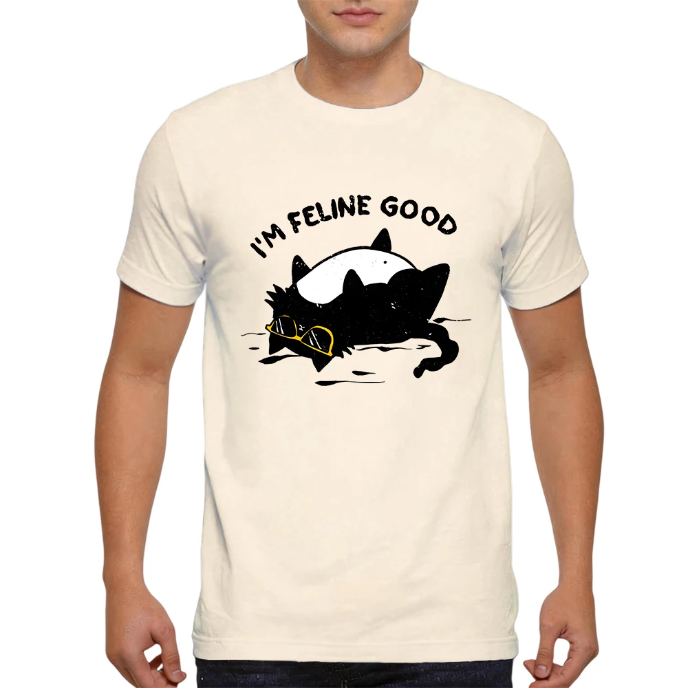 Mens 100% Cotton T Shirt Im Feline Good Cool Black Cat With Sunglasses Retro Distressed Print Breathable Short Sleeve Daily Wear