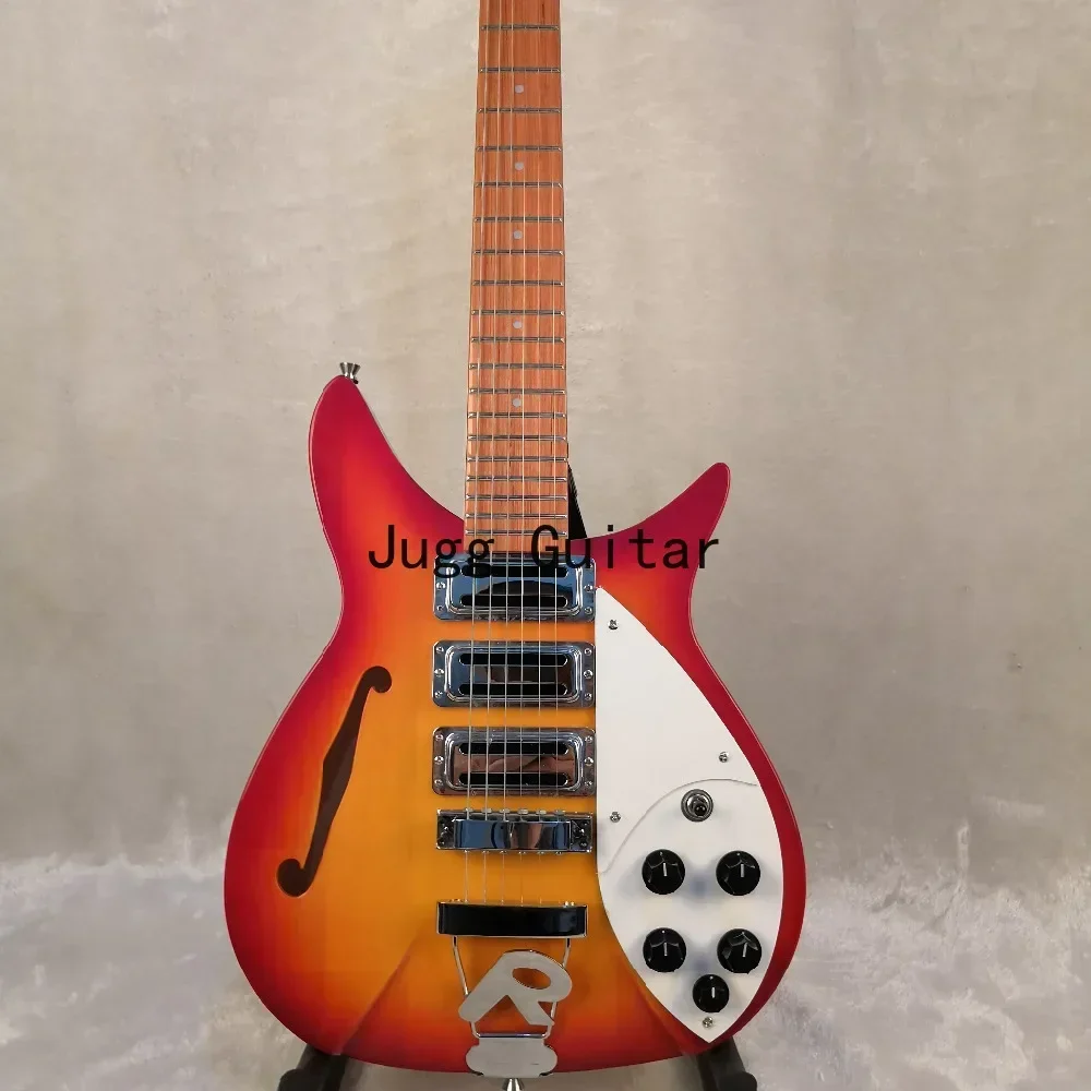 Len 325 Cherry Sunburst Hollow Body Electric Guitar Short Scale 527mm, 3 Toaster Pickups, Single F Hole, R Tailpiece