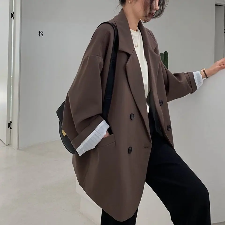 Korean Popular Clothes Old Money Style Woman Black Blazer Lady Coat Decorate Waist-Cinching Double-Buttoned Bubble Fastening