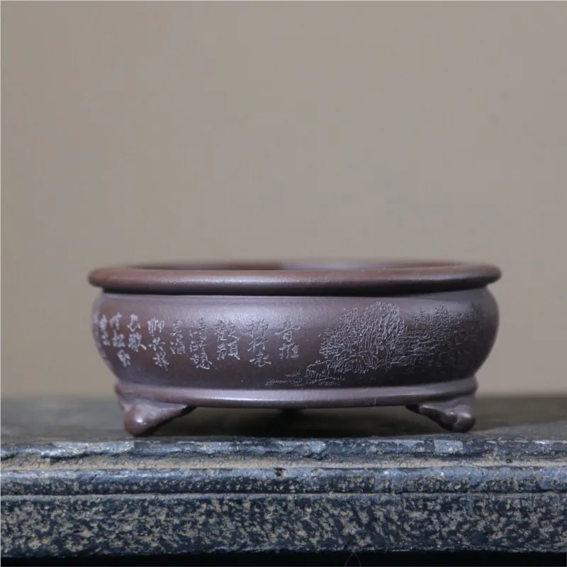 Purple Clay Flower Pot Handmade Pot Landscape Painting Handmade Pot Palm Sized Pot Plant Circular Mini Desktop Flower Bonsai Pot