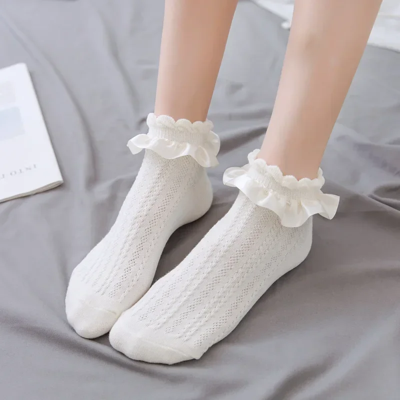 

Women Socks Lolita Style Japanese Kawaii Cute Frilly Ruffle Socks Solid White Black Mesh Lace Girls Sweet Harajuku Short Socks