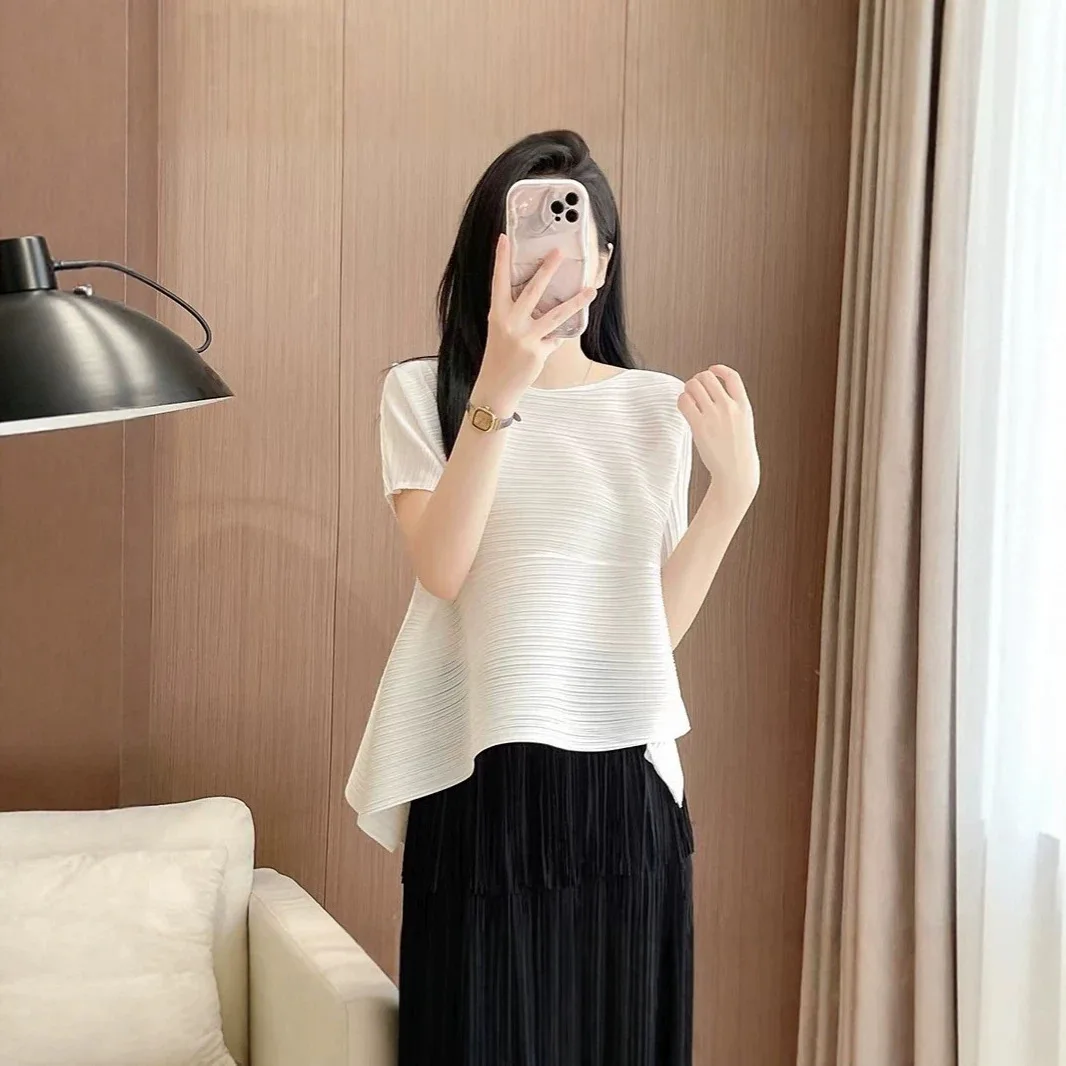 Miyake Pleated Top Women's Irregular Pleated Short-sleeved Summer Loose Mid-length Niche Round Neck Slimming T-shirt Daily