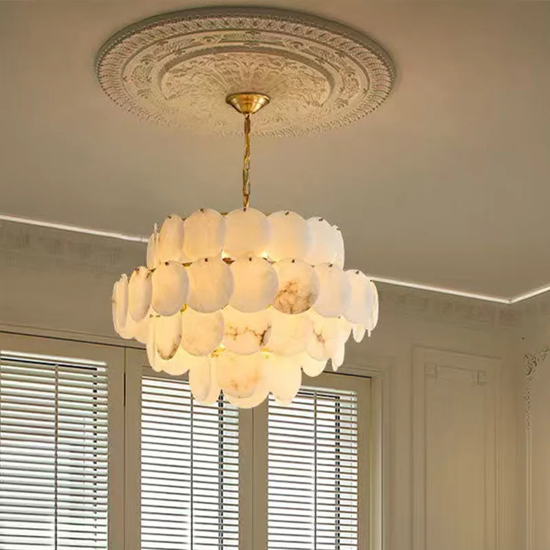 

Contemporary 2025 Spanish Imported Marble Pendant Lamp Brass Chandelier Customizable Ceiling Luster Bedroom