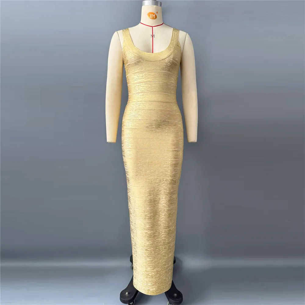 Gold fashion women's U-neck sleeveless hot stamping bandage dress, party dress, evening dress, socialite slim fit long dress
