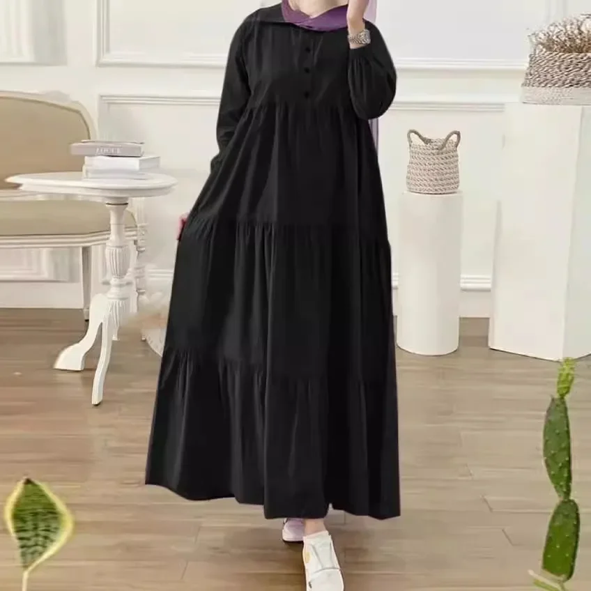 Vintage Solid Ruffles Hem Sundress Robe Femme Turkey Vestido Kaftan Women Fashion O Neck Long Sleeve Muslim Abaya Dress