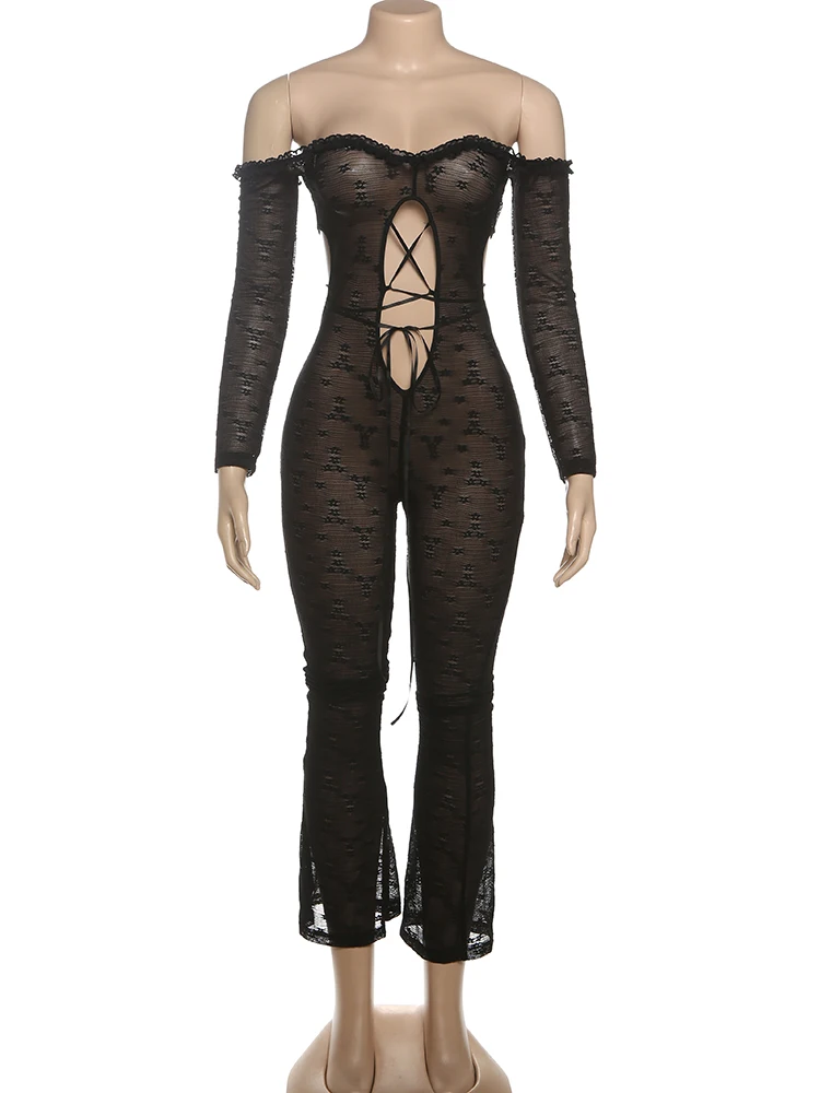 بدلة قفز مثيرة بدون ظهر من Whatiwear للنساء مكشكشة ورقبة مائلة شفافة بأكمام كاملة نحيلة على شكل خوخ الورك ملابس حفلات منتصف الليل