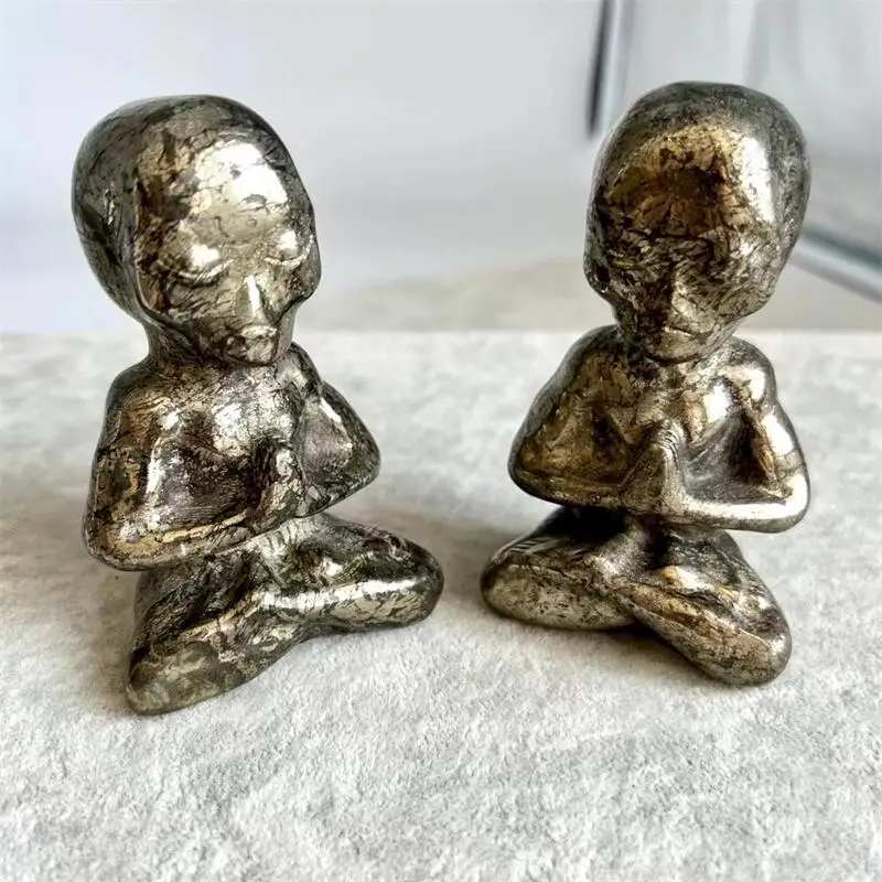 Natural Pyrite Meditation Alien Carving Crystal Yoga Home Decoration Crafts Carving Healing Energy Stone Ornaments 1pcs