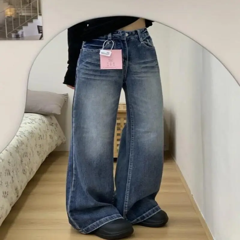 النمط الأمريكي السراويل الرجعية نمط السراويل النساء عالية الخصر فضفاضة تناسب غسلها السراويل ربيع جديد أزياء غير رسمية الشارع الشهير الدنيم