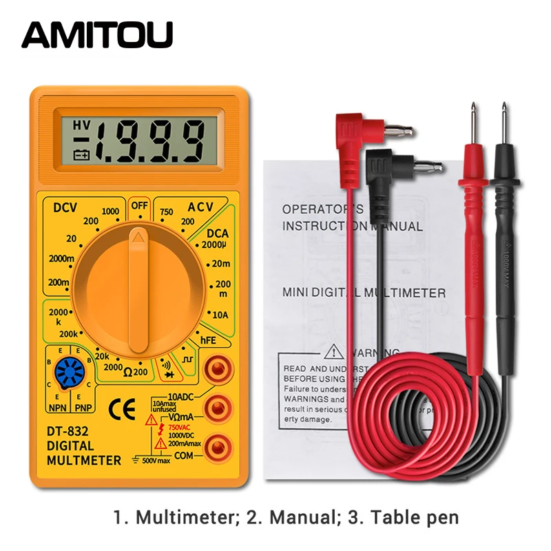 AMITOU DT-832 Digital Professional Multimeter Electric Voltmeter Ammeter AC/DC Voltage Meter Ohm hEF Square Wave Tester Tools