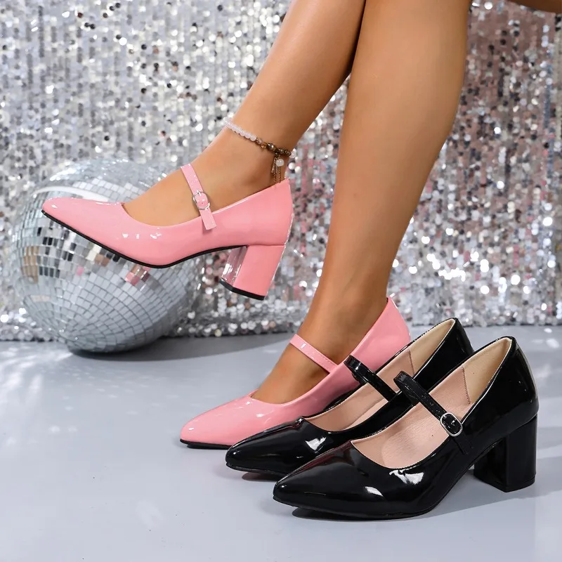

Women's Heels Pink Patent Leather Mary Jane Chunky Heel Pumps with Ankle Strap Buckle Closed Toe Elegant Party Daily Wear Shoes