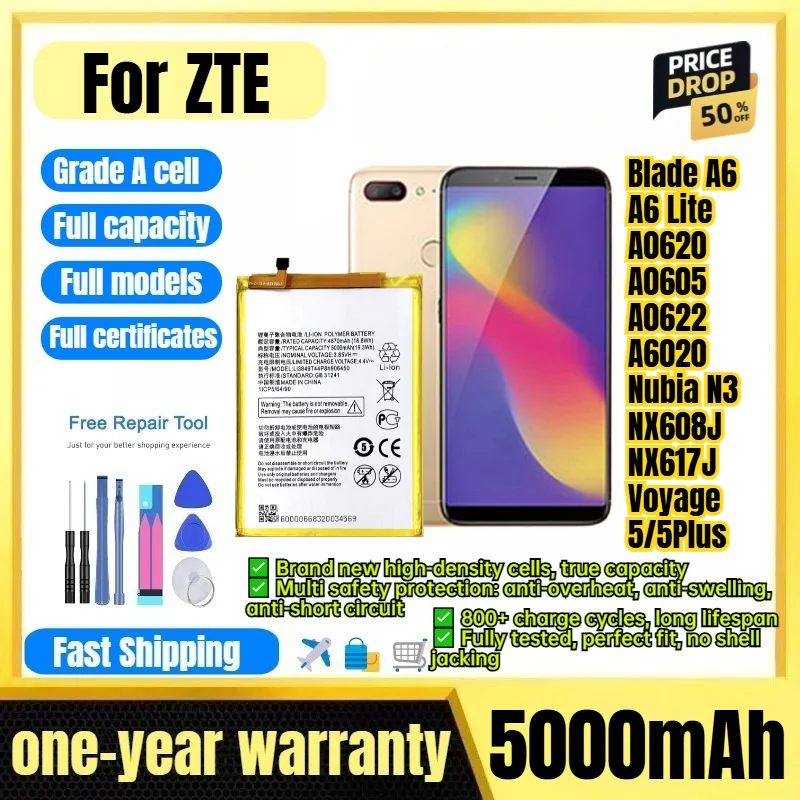 Li3849T44P8h906450 for ZTE Blade A6/A6 Lite/A0620/A0605/A0622/A6020/Nubia N3/NX608J/NX617J/Voyage 5/5Plus Replacement Bateria