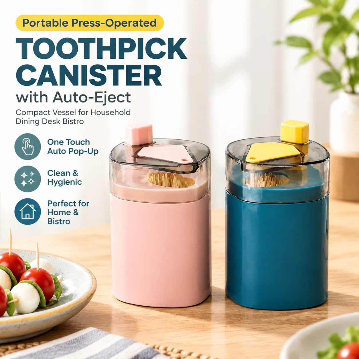 Portable Press-Operated Toothpick Canister with Auto-Eject, Nordic-Toned Compact Vessel for Household Dining Desk Bistro