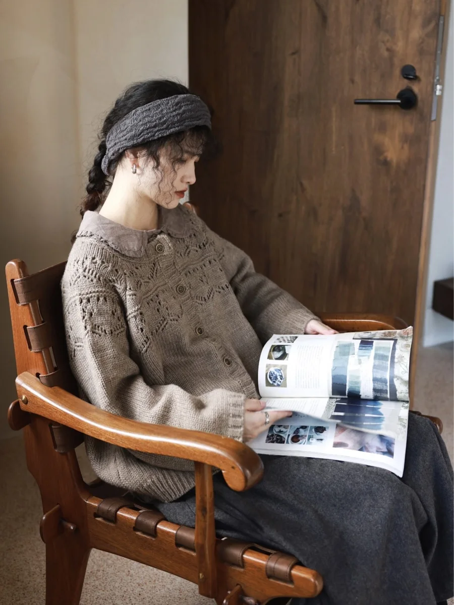 Japanese Style Women's Autumn Winter Sweater Hollow out Soft Cardigan Cute Artistic Retro Thick Line Lazy Style Top