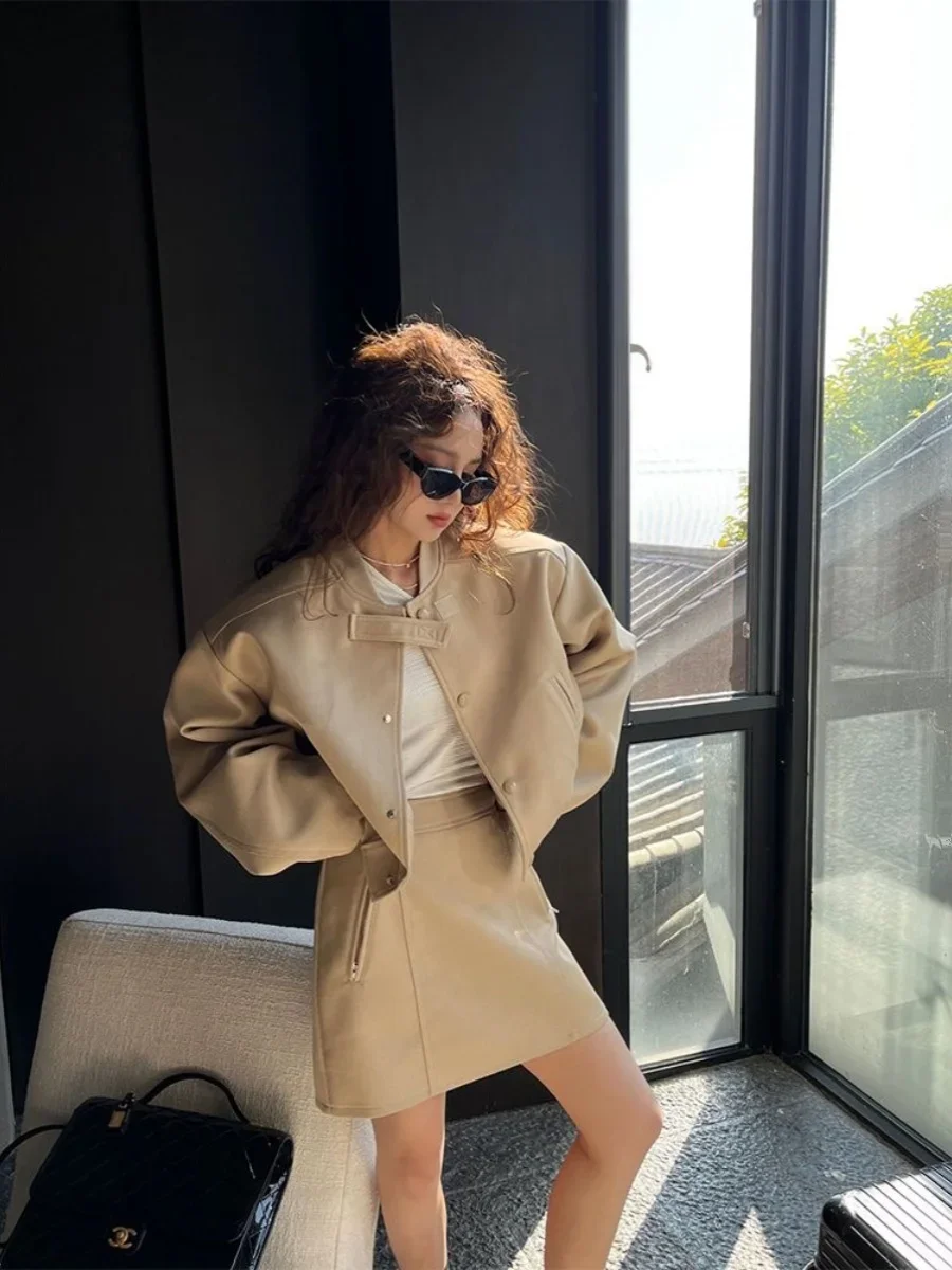 

Classic Tweed-style Baseball Jacket with High-waist A-line Skirt Suit Set for Women, 2024 Spring Hit Preppy Two-piece Outfit