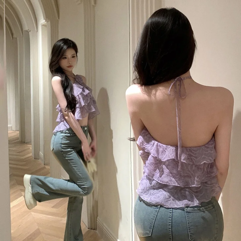 Women\'s Vest Summer Chiffon Ruffle Halter Neck Backless Sweet Front Flowers Top Female Versatile Sexy Short Blouse