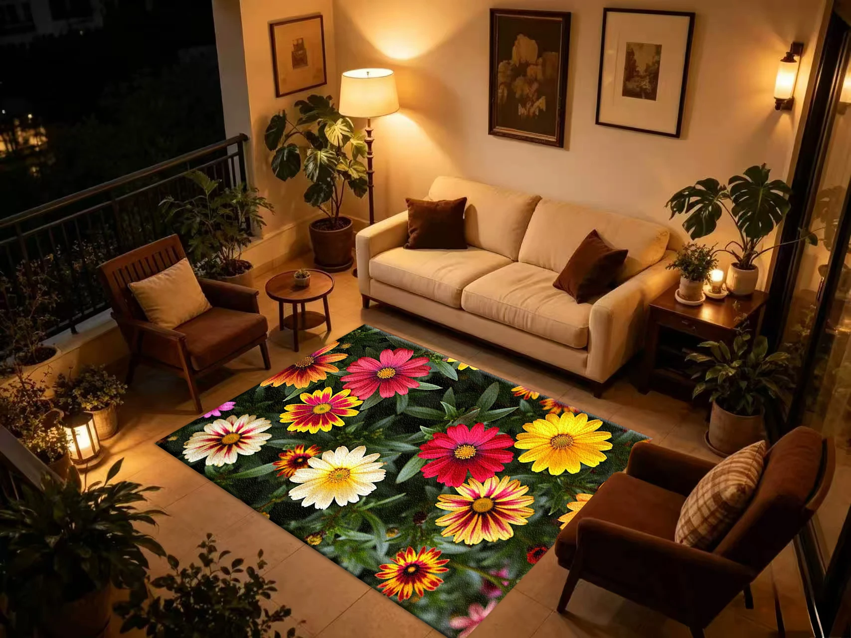 Colorful Spring Daisy Floral Carpet Flooring, Bright Flower Non-Slip Area Rug for Living Room Bedroom Home Floor Decor