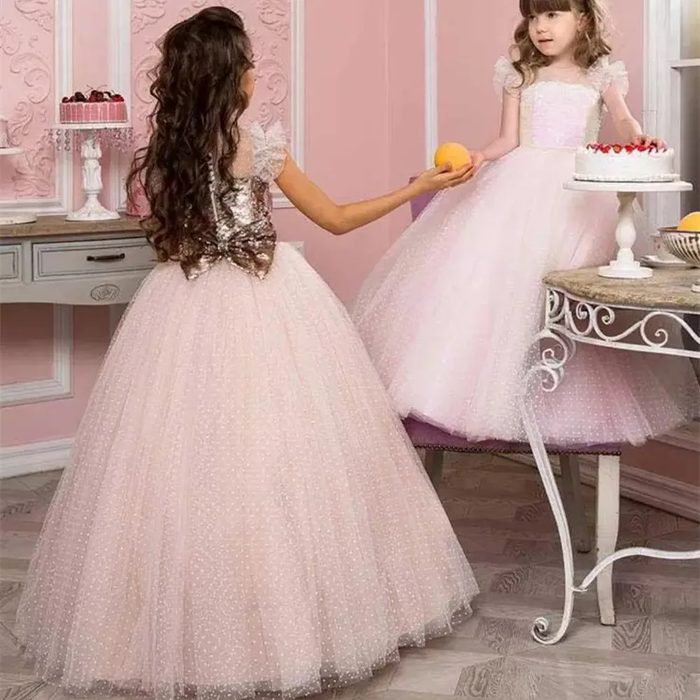 Modest Pot Flower Girl Dress Sleeveless Jewel Neck Zipper Sequins Ankle Length Tulle Lace Princess Girl Ball Gown