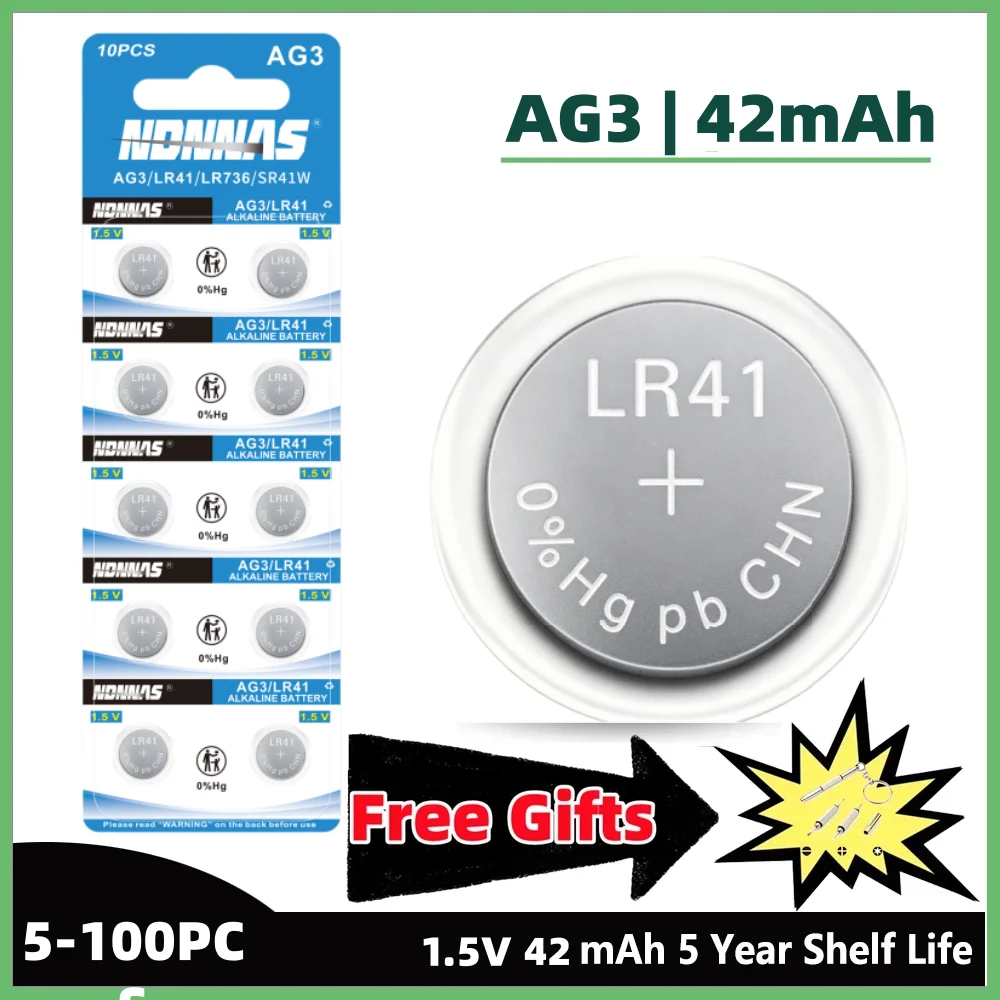 100Pcs AG3 42mAh LR41 SR41SW 1.5V Alkaline Button Coin Cell Battery Compatible For Watch Key Fob Remote Clock Electronic Device