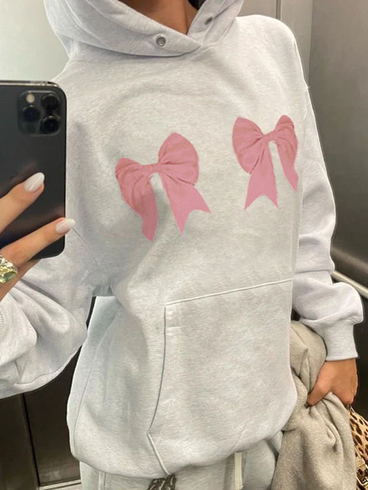 Women Hoodies Harajuku Fashion Hooded Sweatshirt Ladies Autumn Oversized Bow Print Top Female Casual Loose Full Sleeve Hoodie