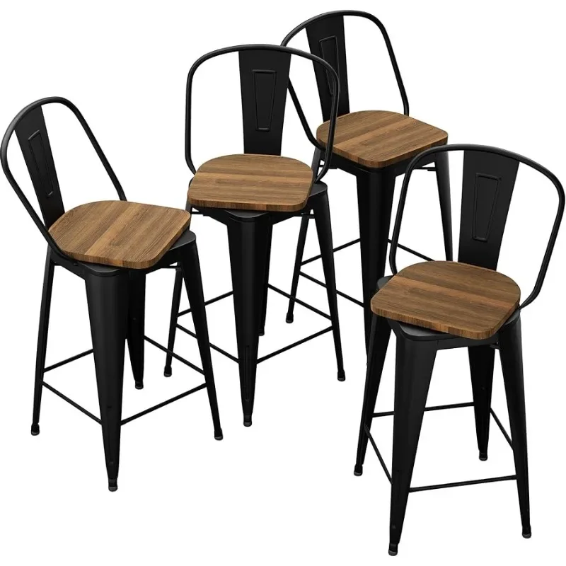 Andeworld 24 Inch Swivel Bar Stools Industrial Metal Barstools High Back Dining Bar Chairs Counter Height Stools with Wooden