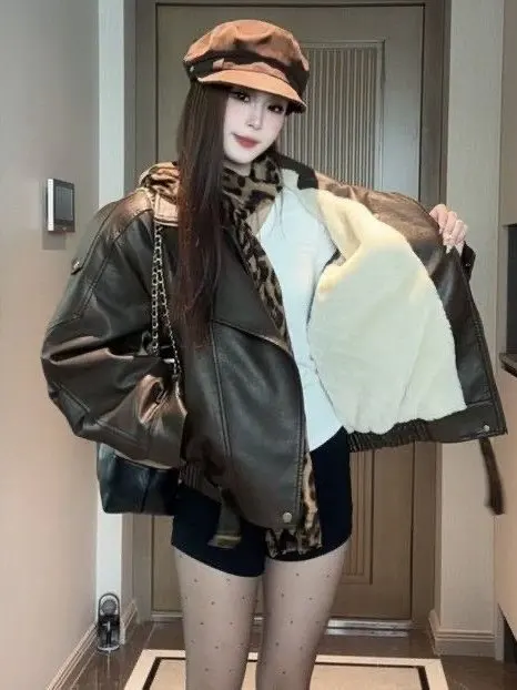 Kurtka skórzana damska Thiened Fce Jesień Zima Nowa Moda Harajuku Długa Luźna Kurtka Motocyklowa z Zamkiem Błyskawicznym...