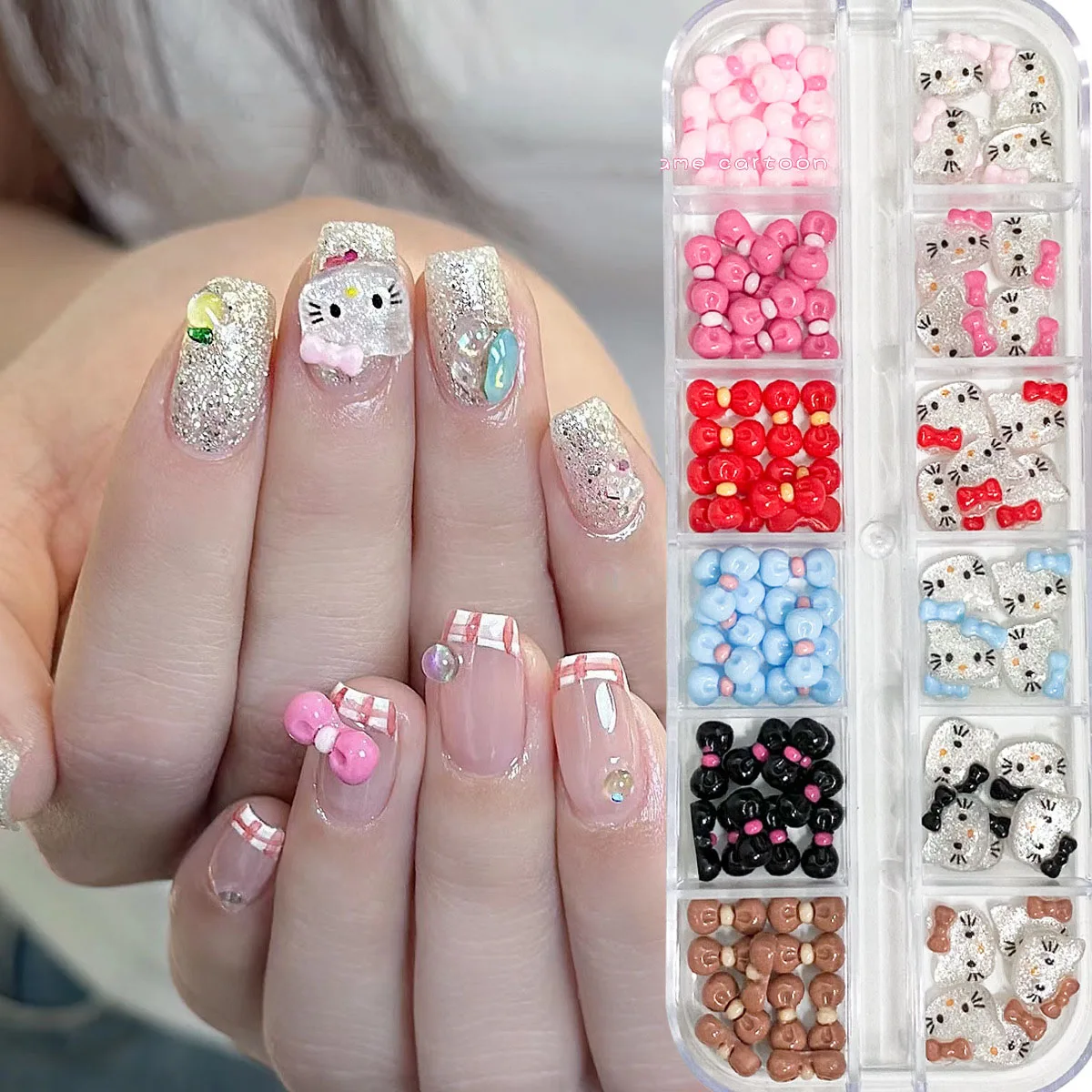

12 сеток, кавайные смолы, Hello Kitty, 3D подвески для ногтей, мультяшный котенок, голова кошки, бант, стразы с плоской задней частью, маникюр, украшения «сделай сам»