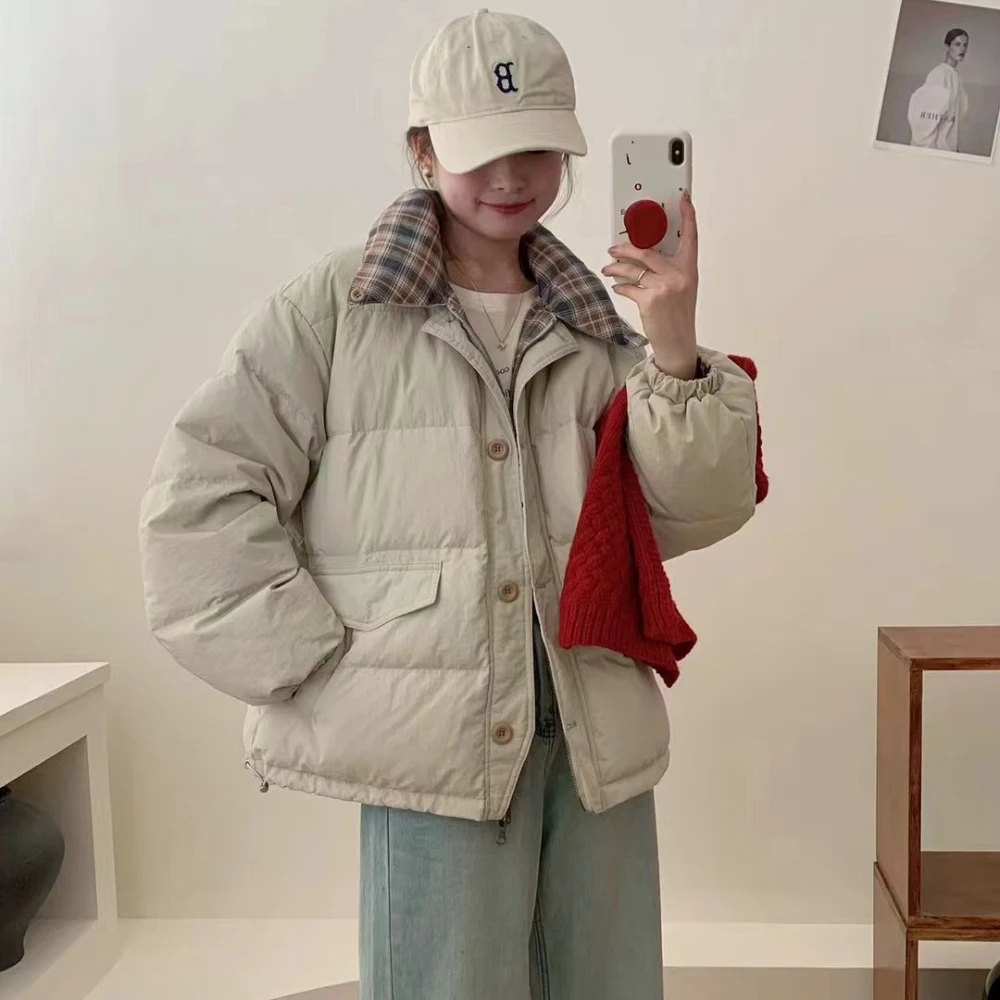 Winter New  Korean Two Sides Wear Plaid Retro Down Jacket Female White Duck Down Warm Outerwear Casual Loose Hundred Thin Jacket