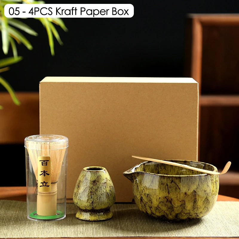 Juego de licuadora Matcha japonesa, tazón de cerámica, batidor de bambú, cucharadita, cepillo, cucharadita para beber té, herramientas para hacer té, 4/6 Uds.