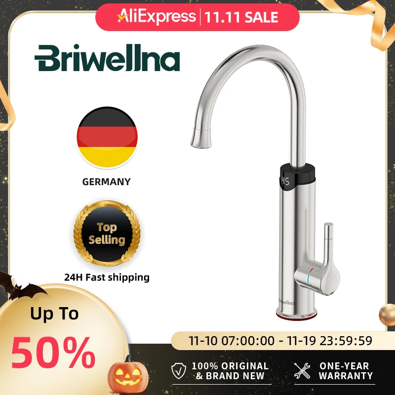 Grifo eléctrico Briwellna con pantalla Digital, grifo de agua caliente instantáneo, grifo de calefacción, calentador de agua eléctrico de acero inoxidable, Geyser