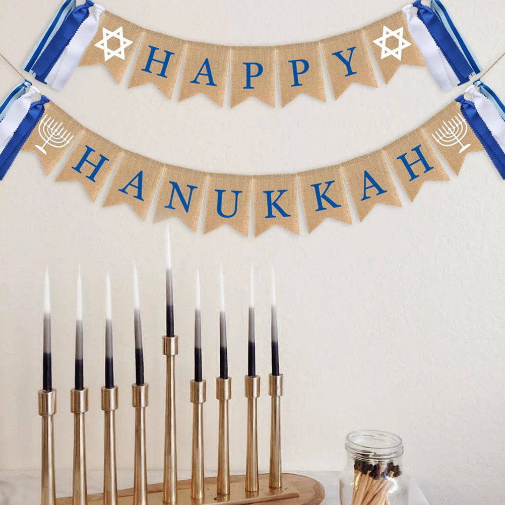 

Happy Hanukkah Party Banner Swallowtail Design Tassel Decoration Mantle Fireplace St Photo Booth Backdrop Linen