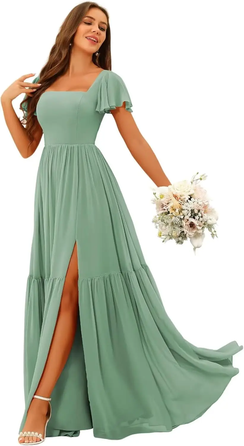 Chiffon Long Maxi Formal Party Dress 2025 Fashion Square Collar Wedding Bridesmaid Dress with Swinging Sleeves And Pockets