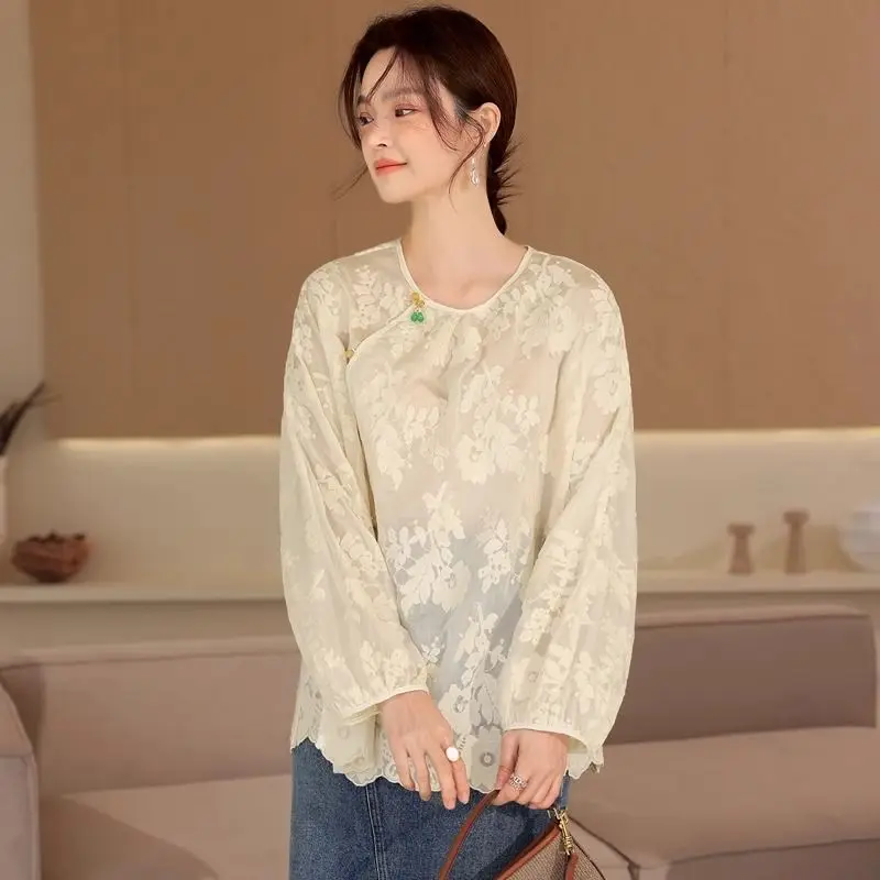 Women Shirts Beige Country Pendant O Neck Shirt Long Sleeve Lace Shirt Spring New Temperament Loose Tops Winter Clothes Women