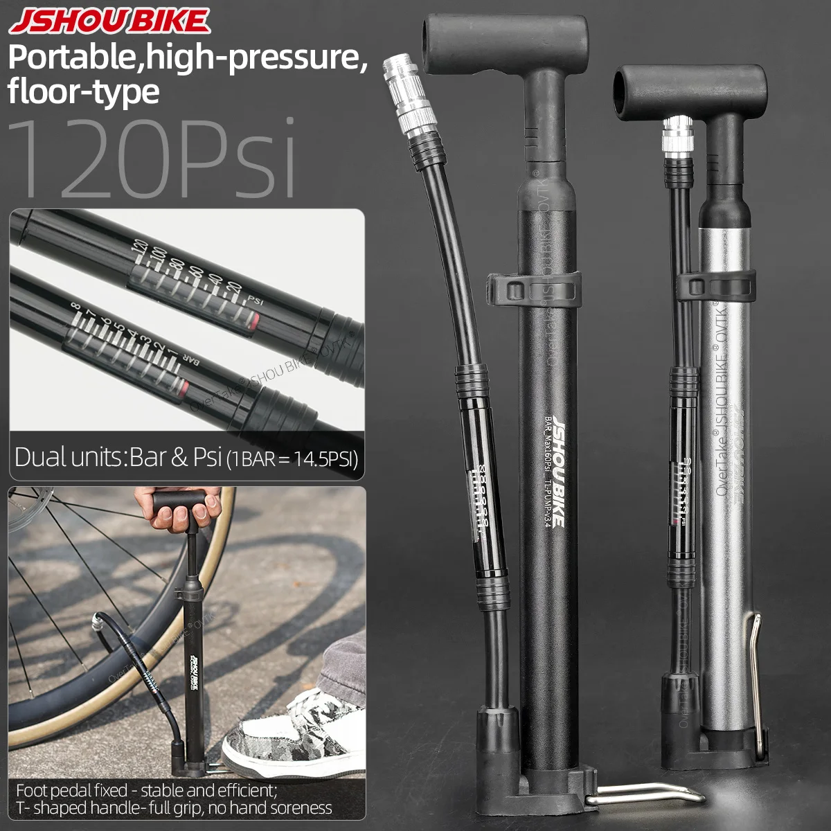 JSHOUBIKE Air Pump Portable MTB Road Bike Tire Inflater with Guage Lightweight Schrader Presta Value 120Psi Bike Accessories