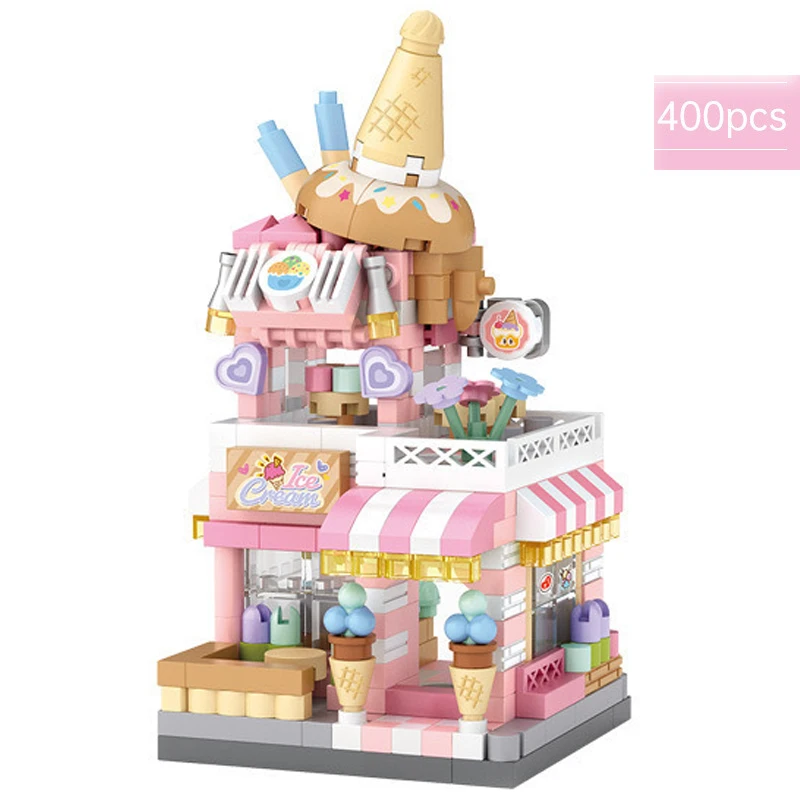 City Street View Building Block Set DIY Ice Cream Coffee Flower Shop Model Building Toy Ideal for Home Decor and Holiday Gifts