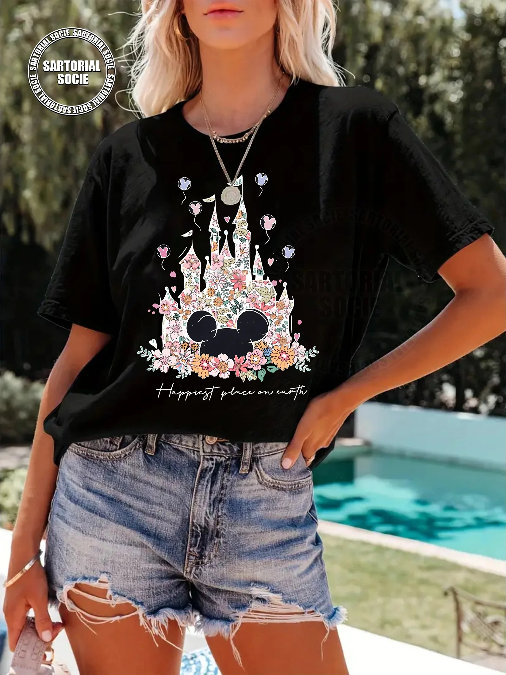 

2025 Disney Pattern Printed Women's Casual Comfortable Unique Smiling Face Black Round Neck Short Sleeve T-shirt