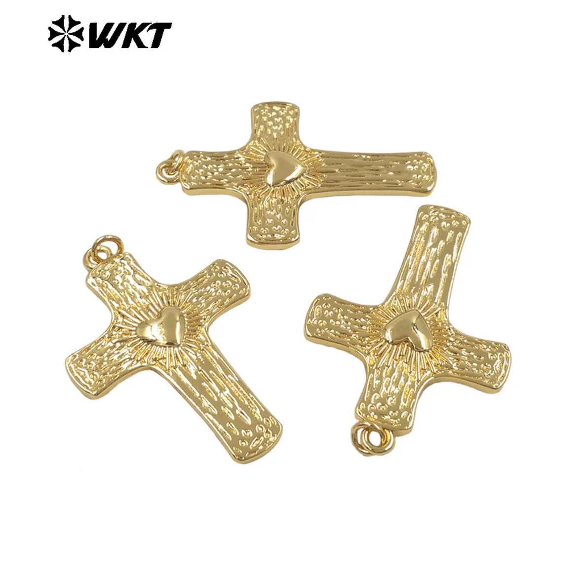 WT-P2119 Fine Texture Yellow Brass Religious Heartshape Cross Pendants For DIY Crafts Making Accessory Findings