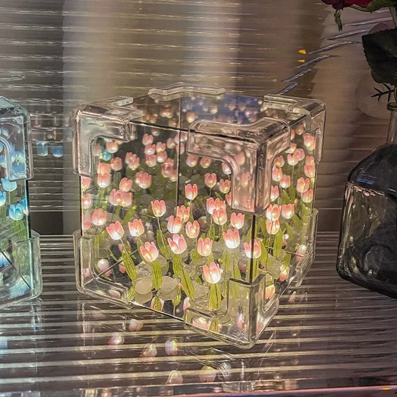 Romantic Mirror Tulip Flowers Led Lights DIY Material Kit Creative Night Light Birthday Valentine's Day Friendship Gift for Girl