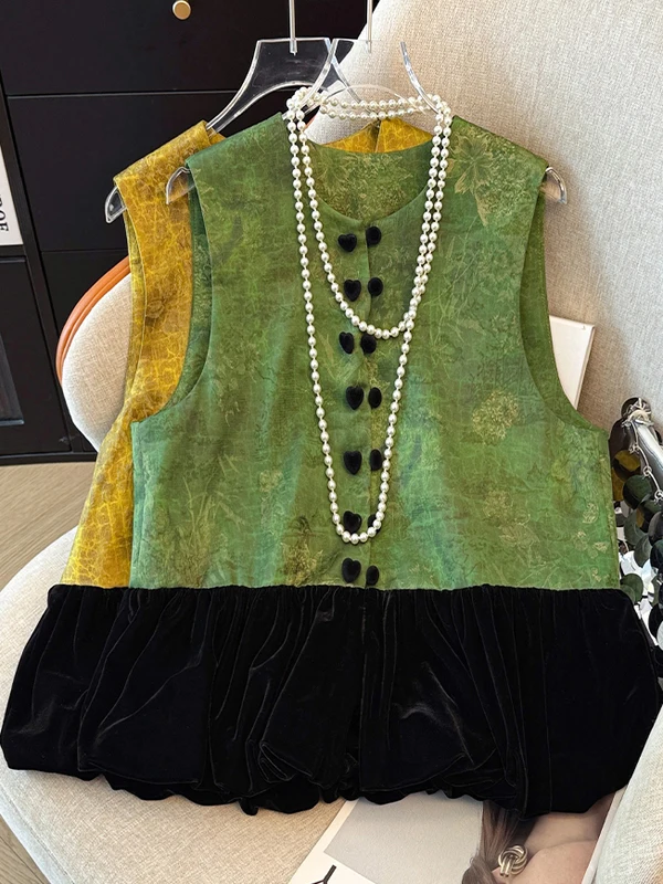 

New Chinese Sle een Velvet Patchwork Women's Vest Autumn Faion Lotus Le Hemline Jaet Outerwear Trendy