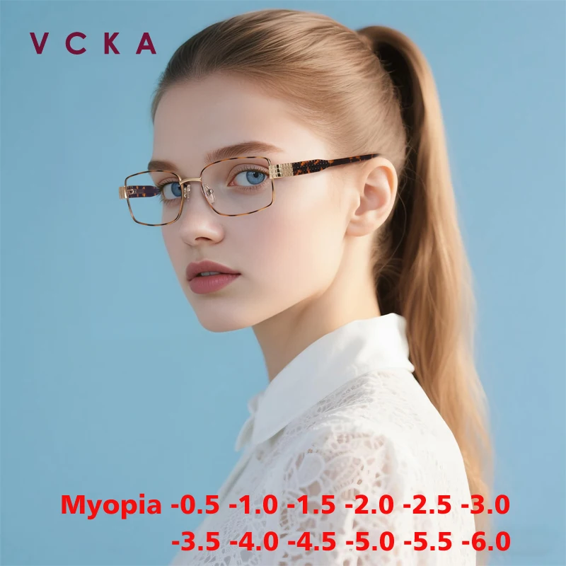 

VCKA квадратные металлические женские очки для близорукости в художественном стиле, оправа для очков по рецепту, модные деловые очки с защитой от синего света -0,50 до -6,0