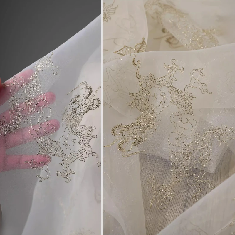 刺繍入りライトガーゼ透明生地ドラゴンパターン縁起の良い雲パビリオンドレス中国漢服デザイナー生地