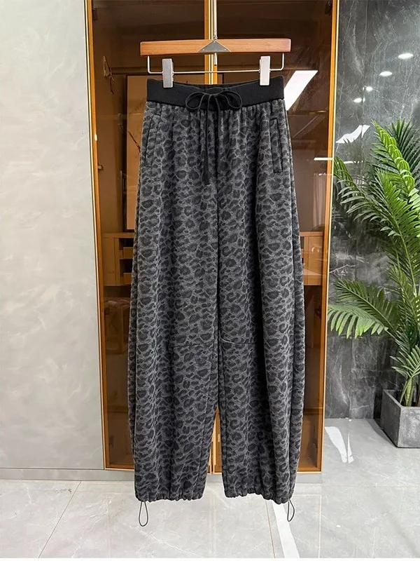 

plus Size 300 Pounds American Design Leopard Print Pants Men's Autumn Winter Fleece Lined Loose Cuffed Casual Trousers