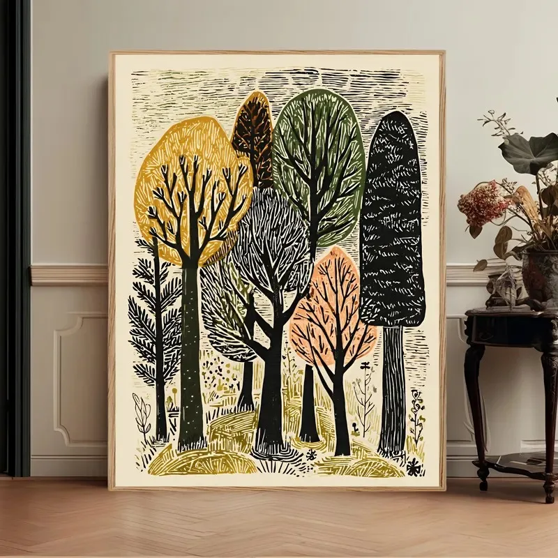 Neutral Earth Tone Linocut Canvas Prints Vintage Woodcut Owl Forest Wild Botanical Wall Art Farmhouse Cottage Home Decor Poster