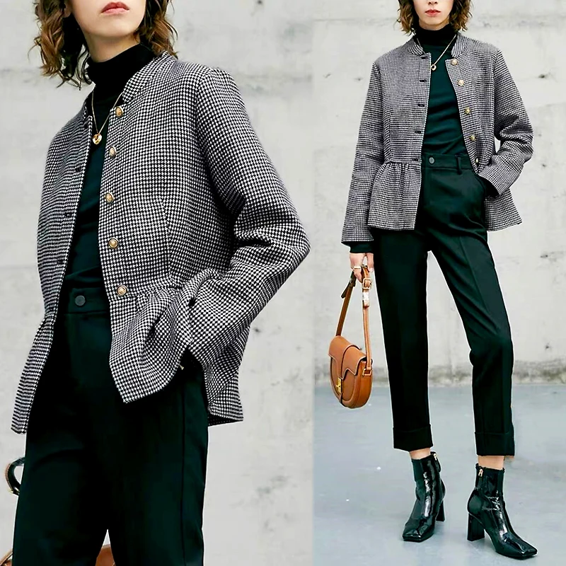 

Chic Single Breasted Coat Women Vintage Woman Jacket Coats Autumn Good Quality Tweed Full Sleeve Slim Short Jacket Women SL194