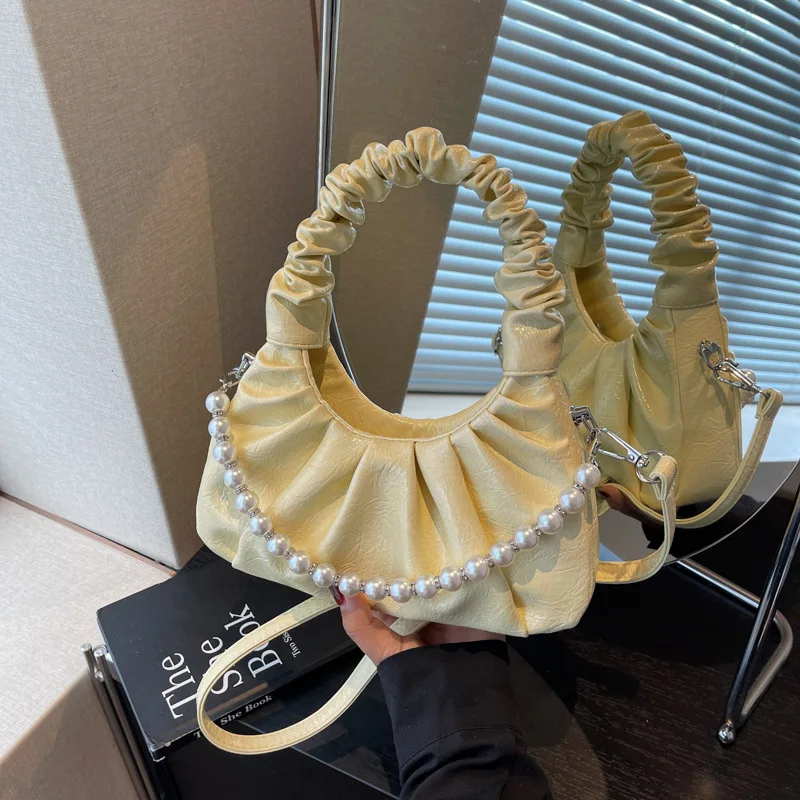 

Нишевая плиссированная сумка с облаком, женская трендовая универсальная сумка через плечо с жемчужной цепочкой